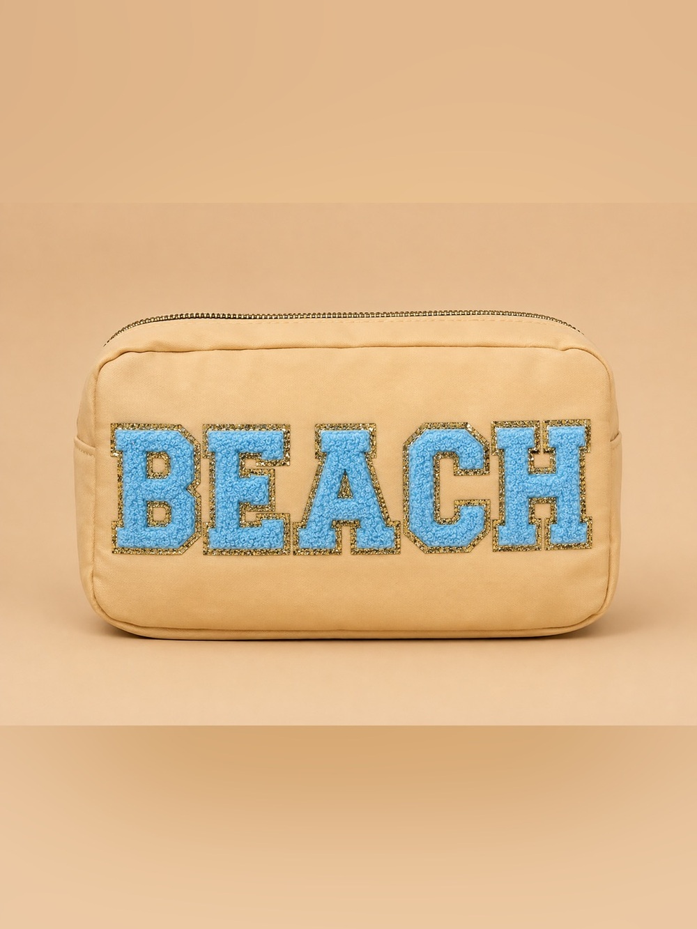 Tan ‘Beach’ nylon Travel Pouch with Gold Trim varsity letter patches